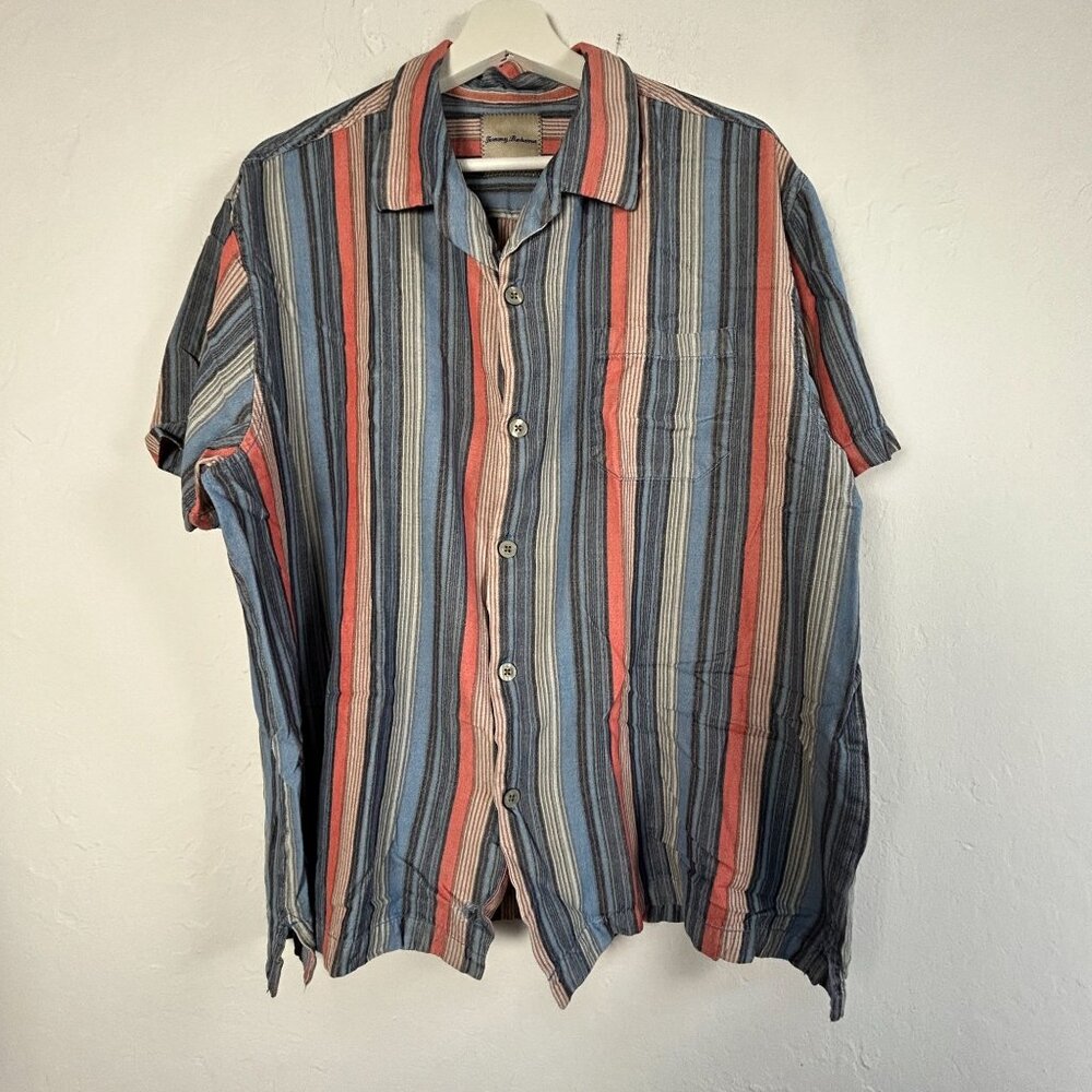 Tommy Bahama Mens XXL Button-Up Striped Short-Sleeve Silk Shirt Blue/Red Casual